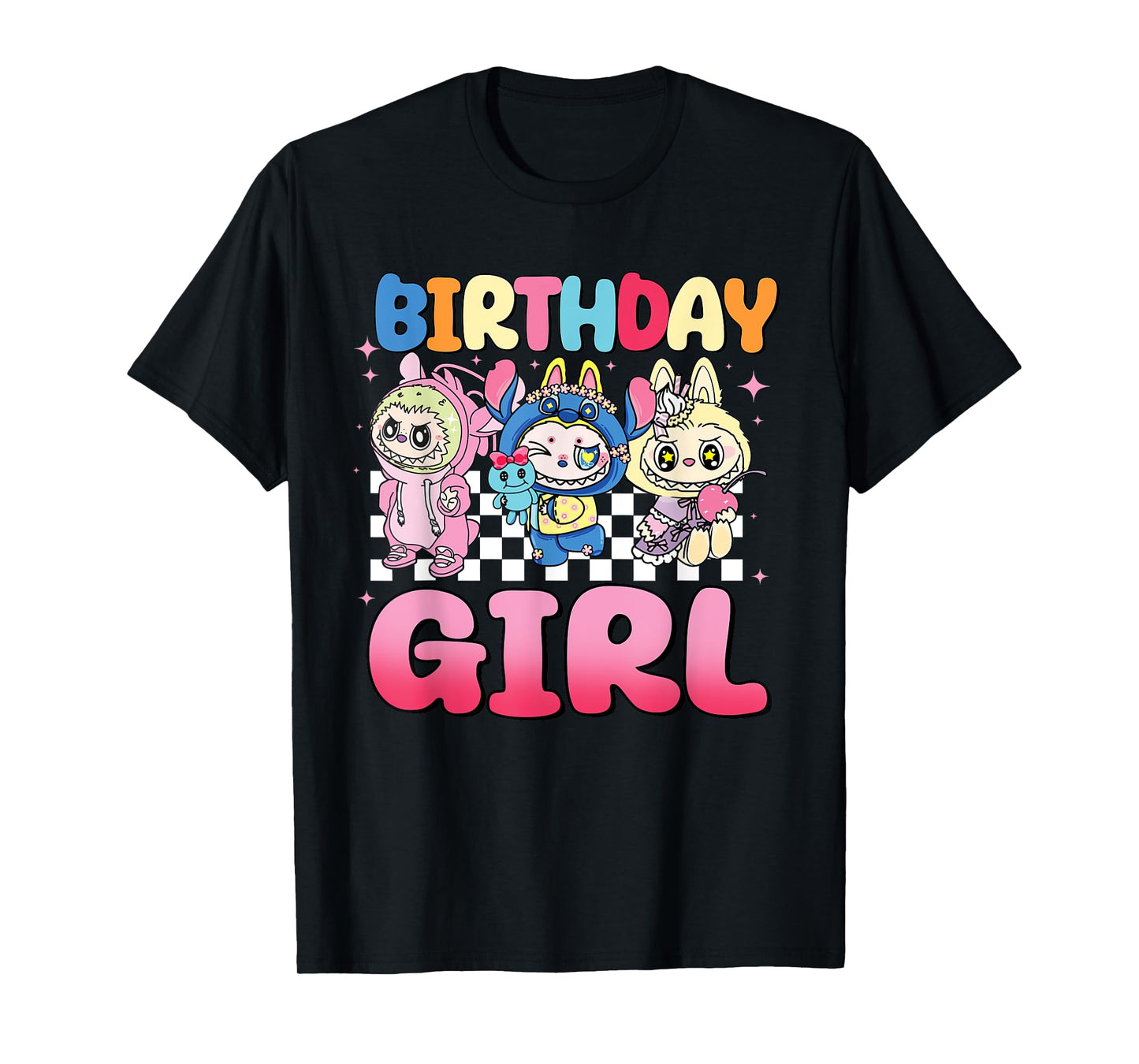 Cute Labubu Monsters Crew Neck Short Sleeve T-shirt gave til Labubu elsker sort