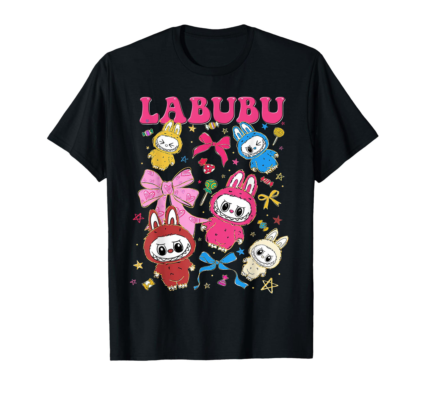 Cute Labubu Monsters Crew Neck Short Sleeve T-shirt gave til Labubu elsker sort