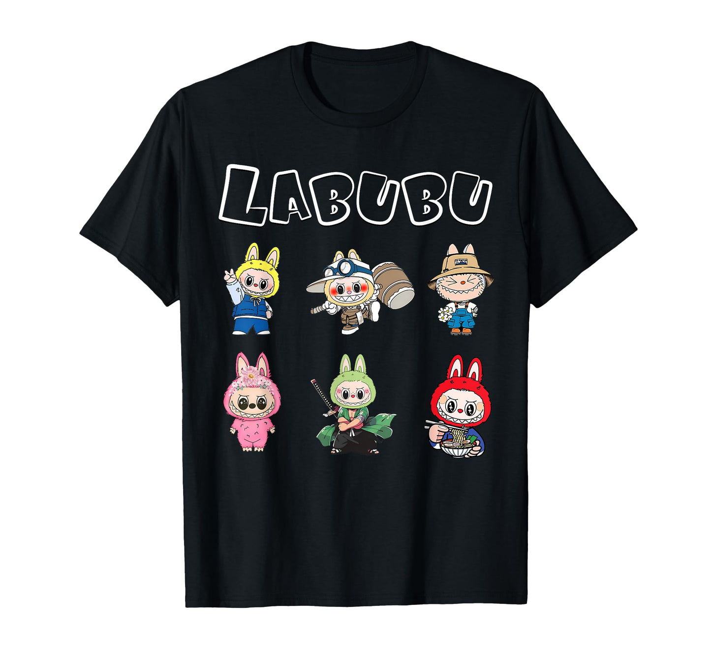 Cute Labubu Monsters Crew Neck Short Sleeve T-shirt gave til Labubu elsker sort