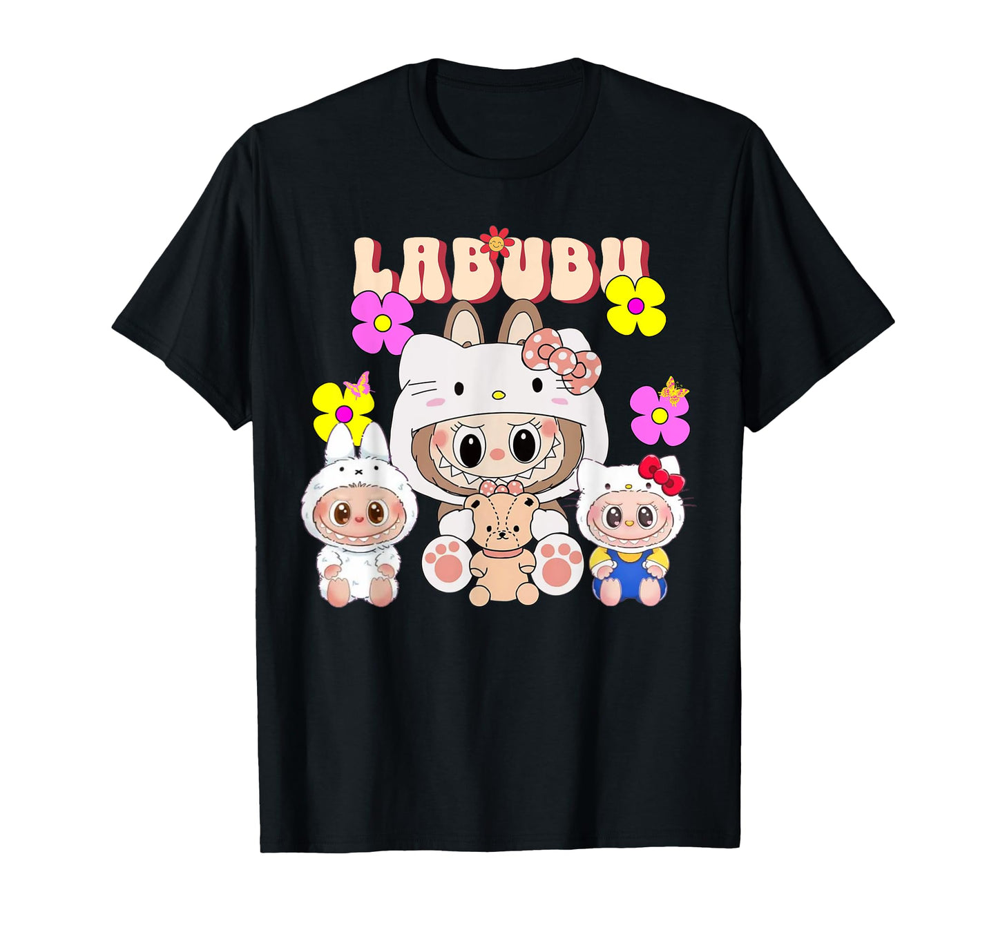 Śliczne labubu The Monsters Crew Szyja z krótkim rękawem Prezent dla dziewczyny czarny