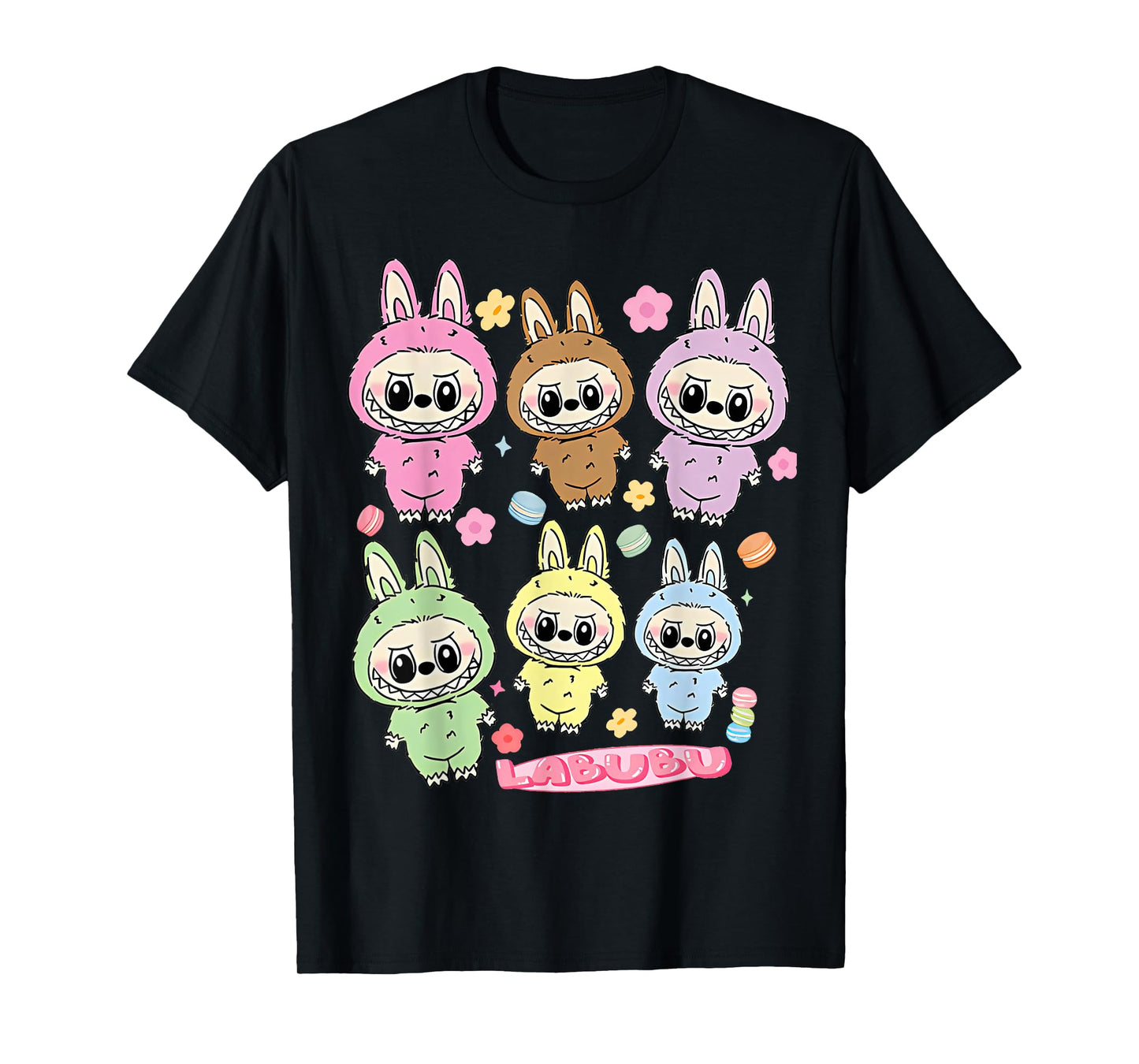 Cute Labubu Monsters Crew Neck Short Sleeve T-shirt gave til Labubu elsker sort