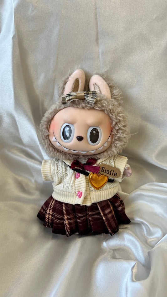 Labubu School Preppy Set - Cream Knit Cardigan & Plaid Skirt with Bow (17cm)
