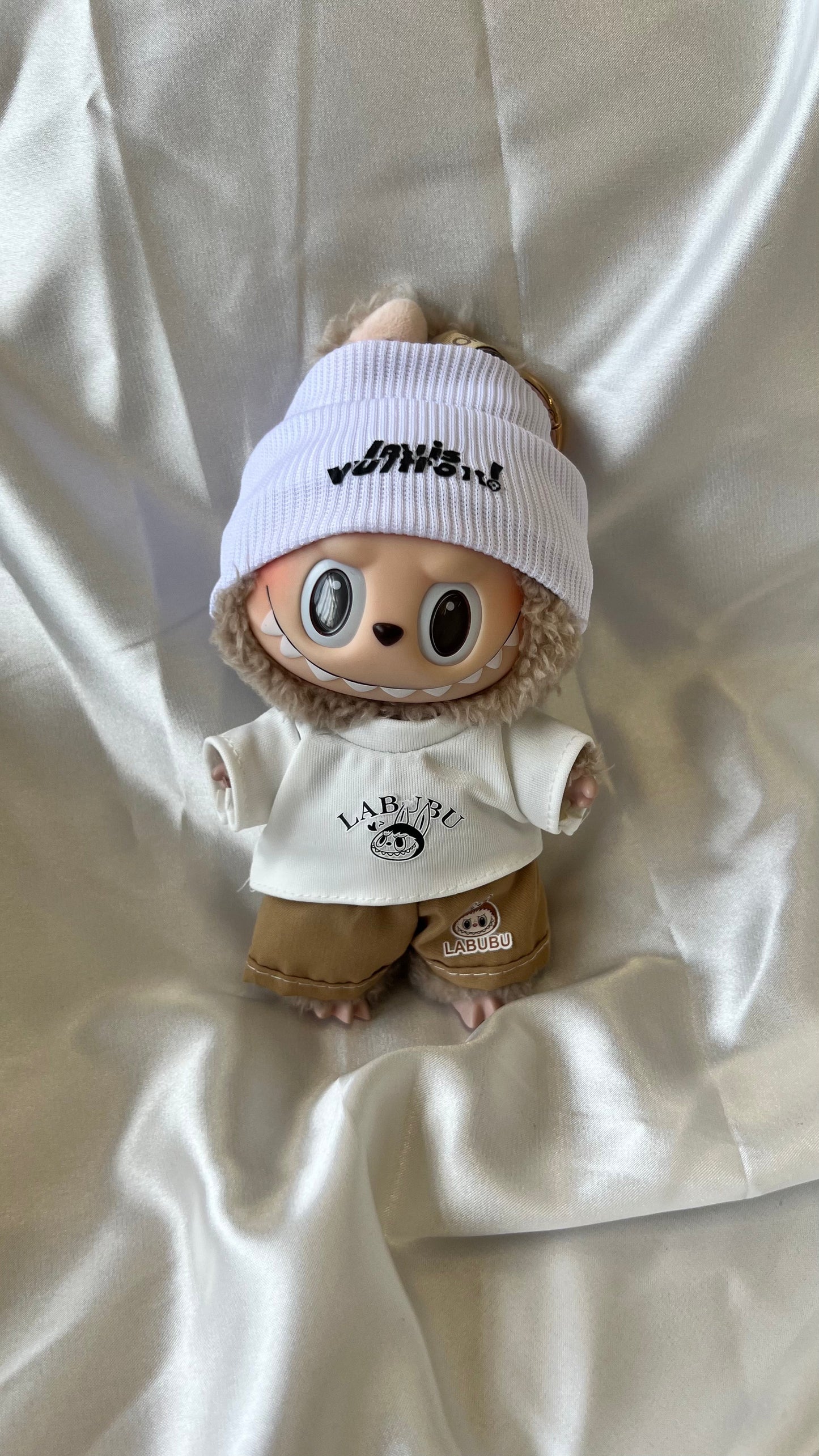 Labubu L.V. Inspired Casual Streetwear Set - White Beanie and Khaki Shorts