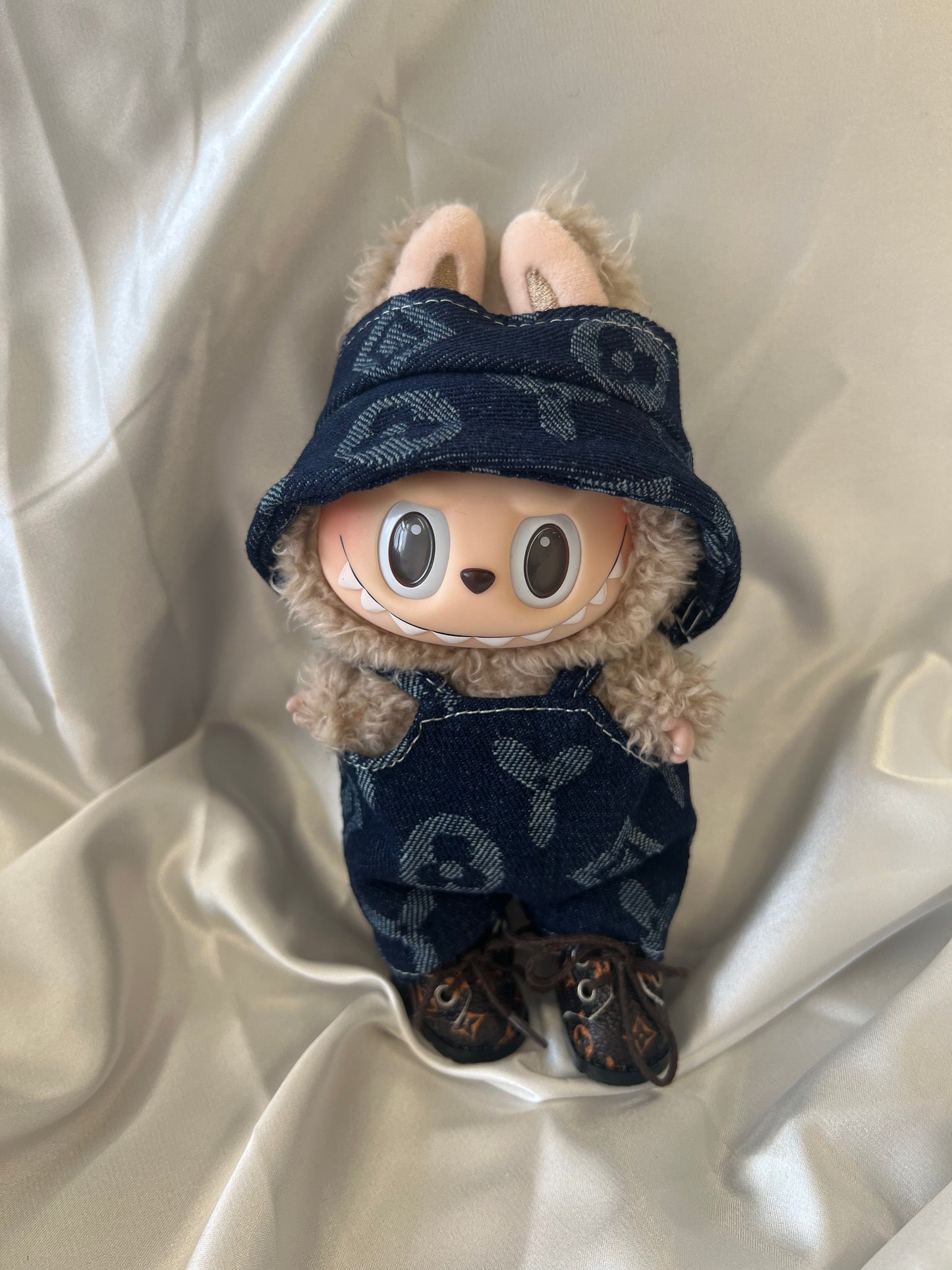 Labubu L.V. Inspired Navy Monogram Denim Set - Overalls & Fisherman Hat
