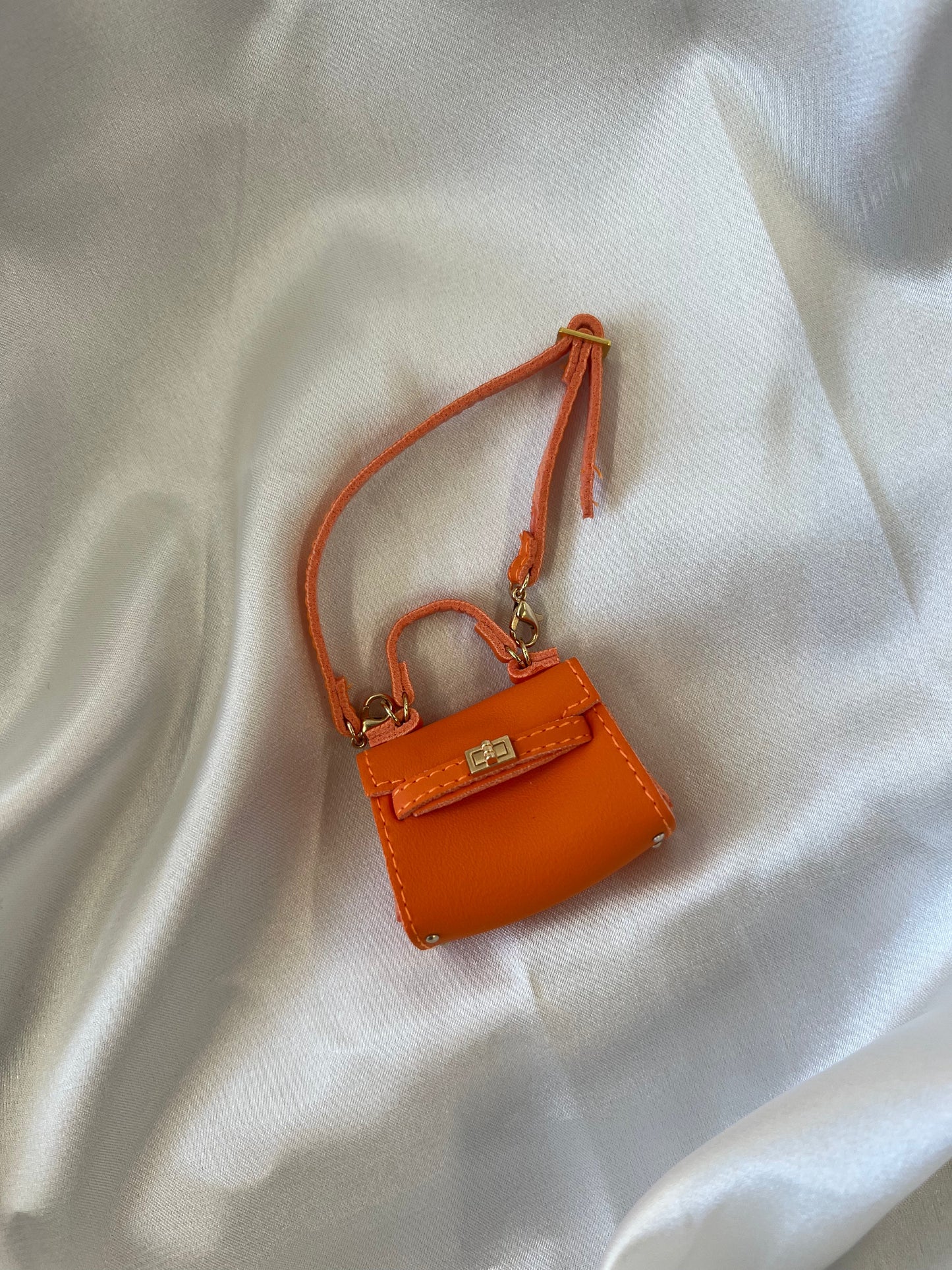 Bolso de lujo en miniatura Labubu - Tota de cuero naranja con cerradura de oro