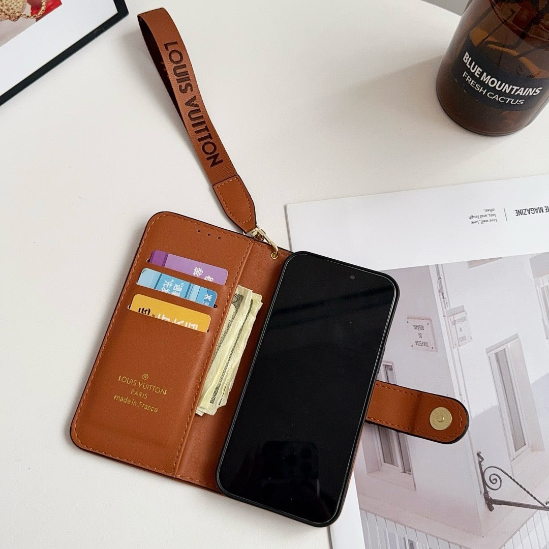 Lou Luxury Pattern Wallet iPhone Case with Card Holder and Strap