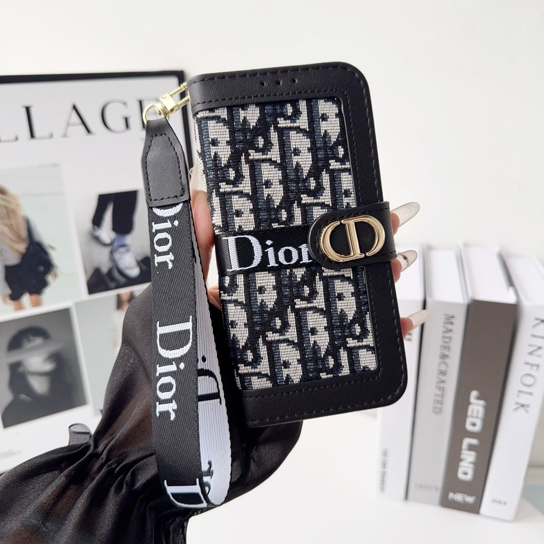 CD Elegant Pattern Wallet iPhone Case with Detachable Wrist Strap