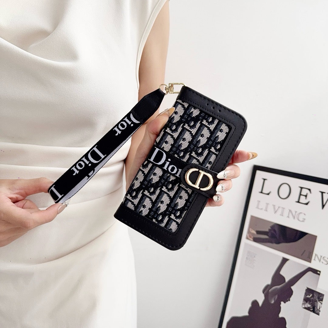 CD Elegant Pattern Wallet iPhone Case with Detachable Wrist Strap