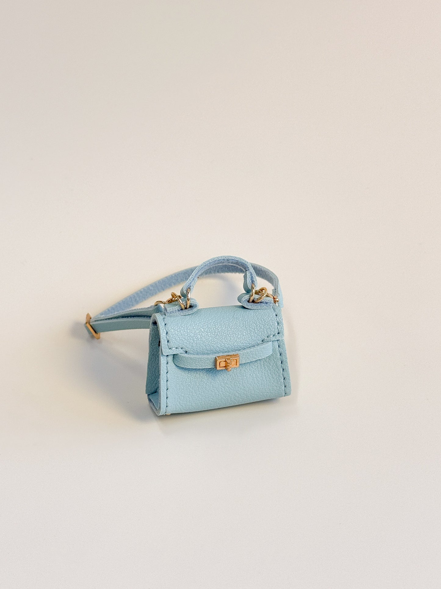 Labubu Miniature Luxury Handbag - Light Blue Leather Tote with Gold Lock