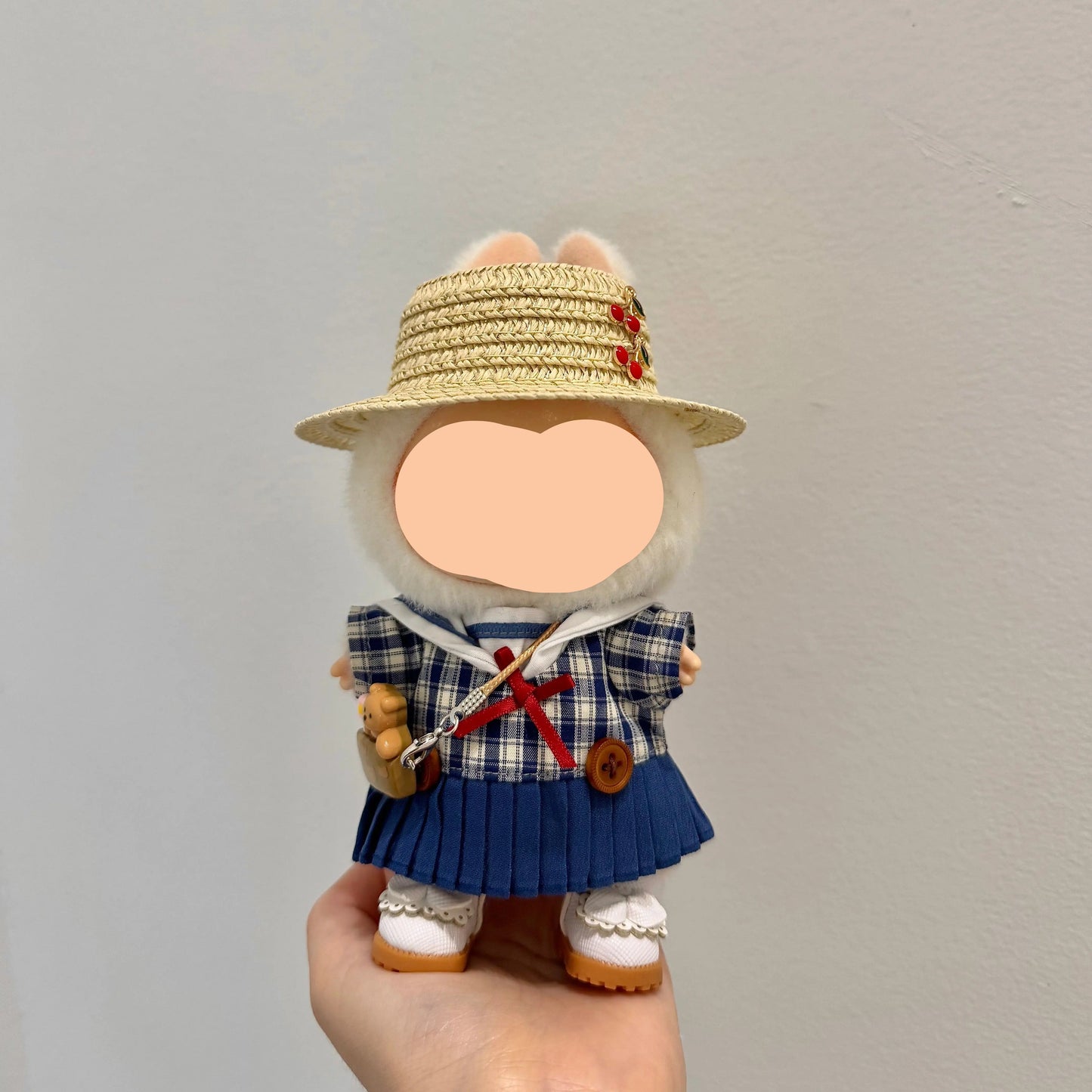 Summer Labubo Outfits Plaid Skirt + Straw Hat Accessories Fashion Labubo Outfit Keychain Labubo Clothing