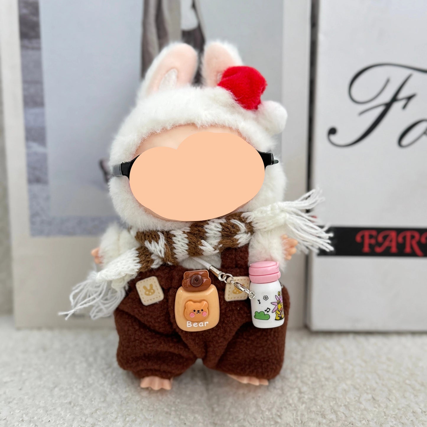 Winter Labubo Outfits Blue Overalls with Sweater Accessories Keychain Labubo Clothing Fashion Labubo Outfit