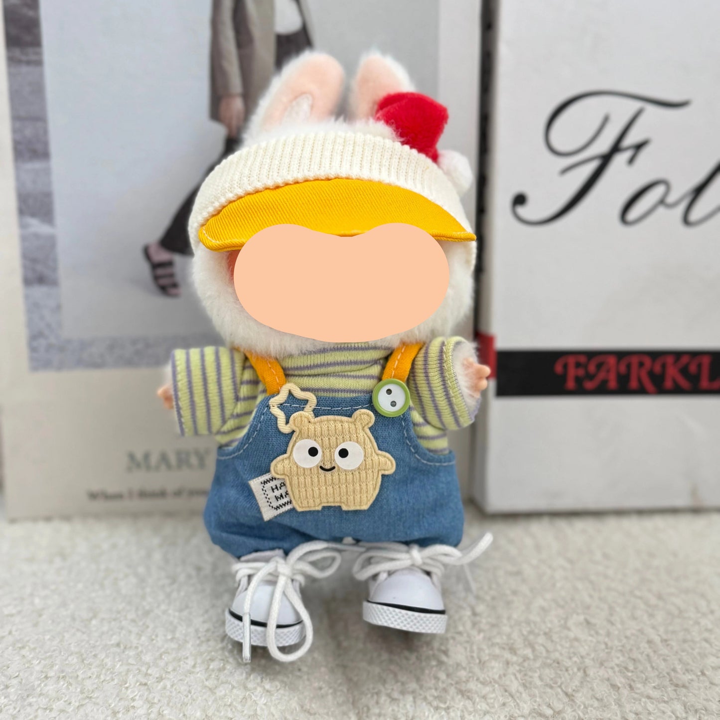 Winter Labubo Outfits Blue Overalls with Sweater Accessories Keychain Labubo Clothing Fashion Labubo Outfit