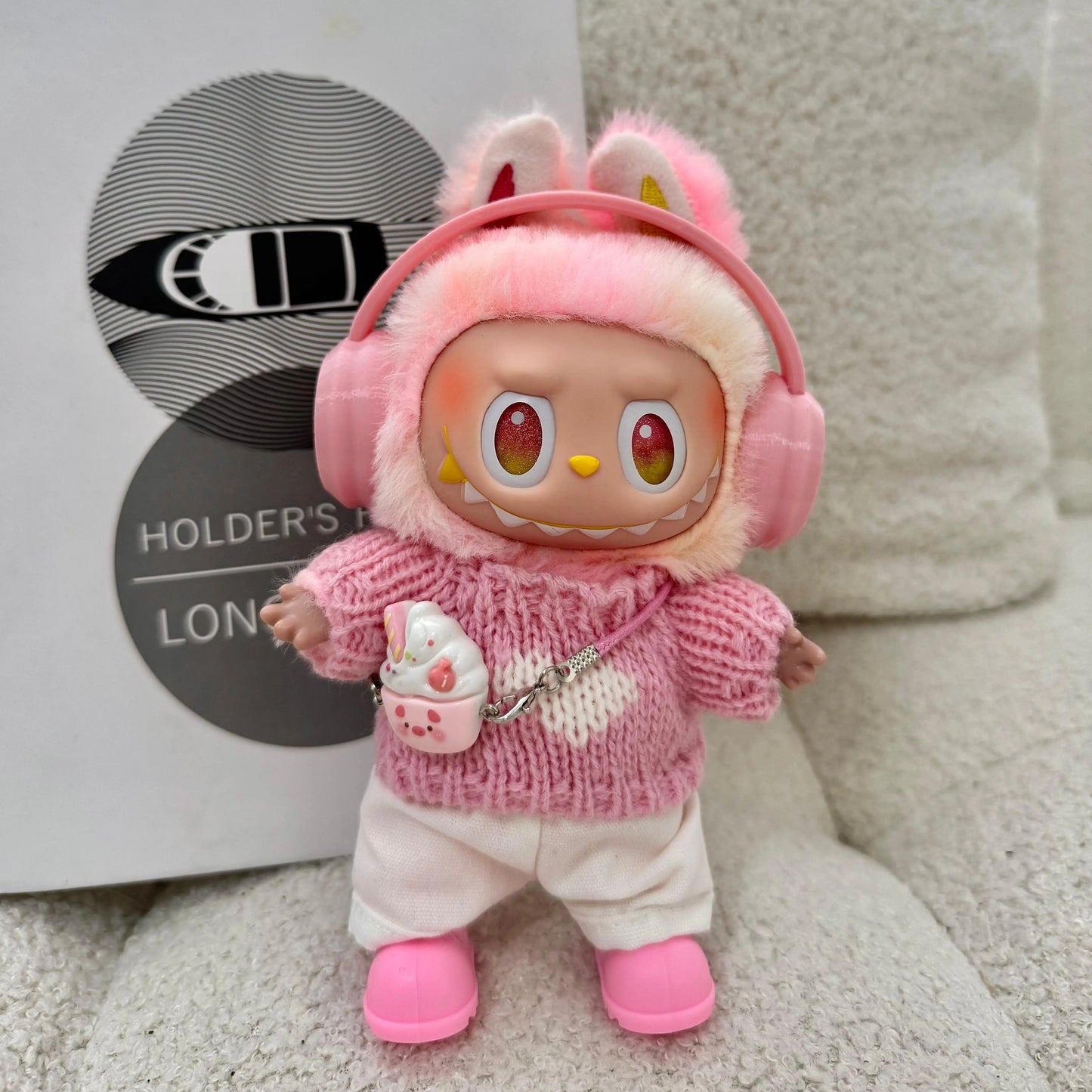 Labubo Clothing Keychain Labubo Clothes Pink hat + pink heart sweater + jeans + pink shoes + ice cream shoulder bag Macaron Clothes for Labubo