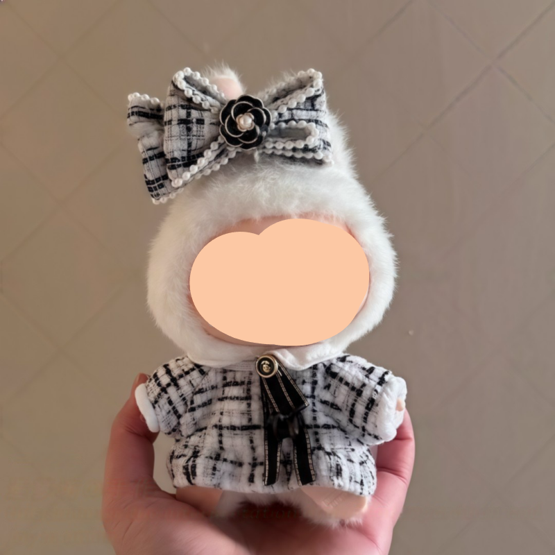 Summer Labubo Outfits Plaided Tweed Dress + Hairbow Accessories Fashion Labubo Outfit Keychain Labubo Clothing