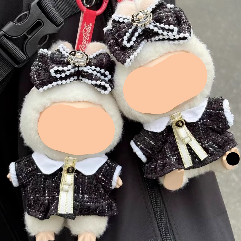 Summer Labubo Outfits Plaided Tweed Dress + Hairbow Accessories Fashion Labubo Outfit Keychain Labubo Clothing