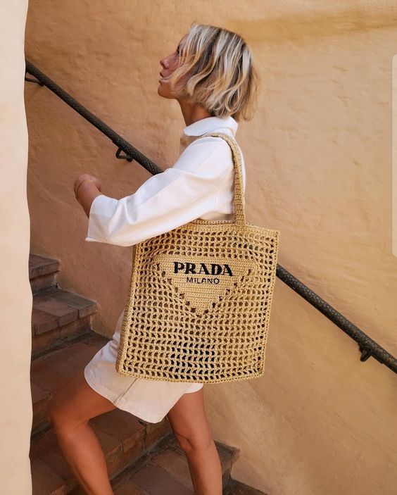 luxury Women's Natural Crochet Tote Bag-Khaki