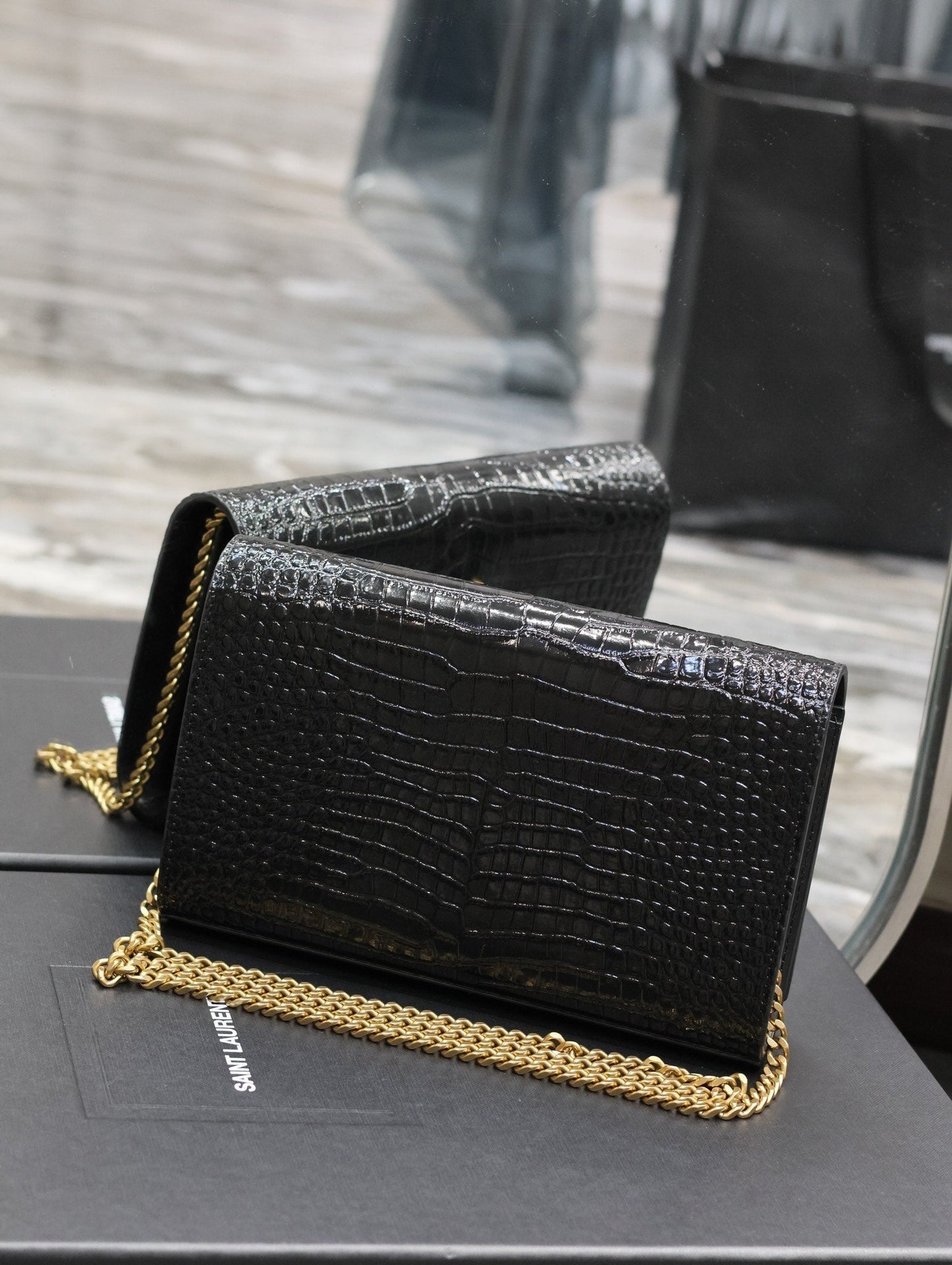 luxury Kate Croc Embossed BLack Gold Hardware - 23x14x3cm