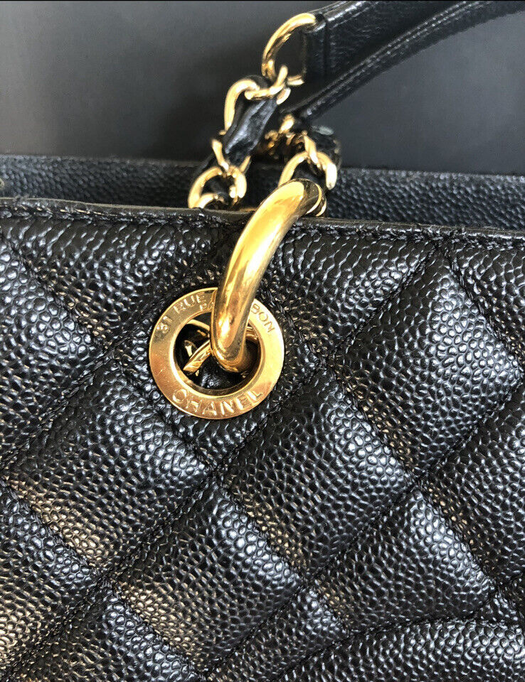Authentic luxury CC BlackGold Caviar Quilted Grand Shopping Tote