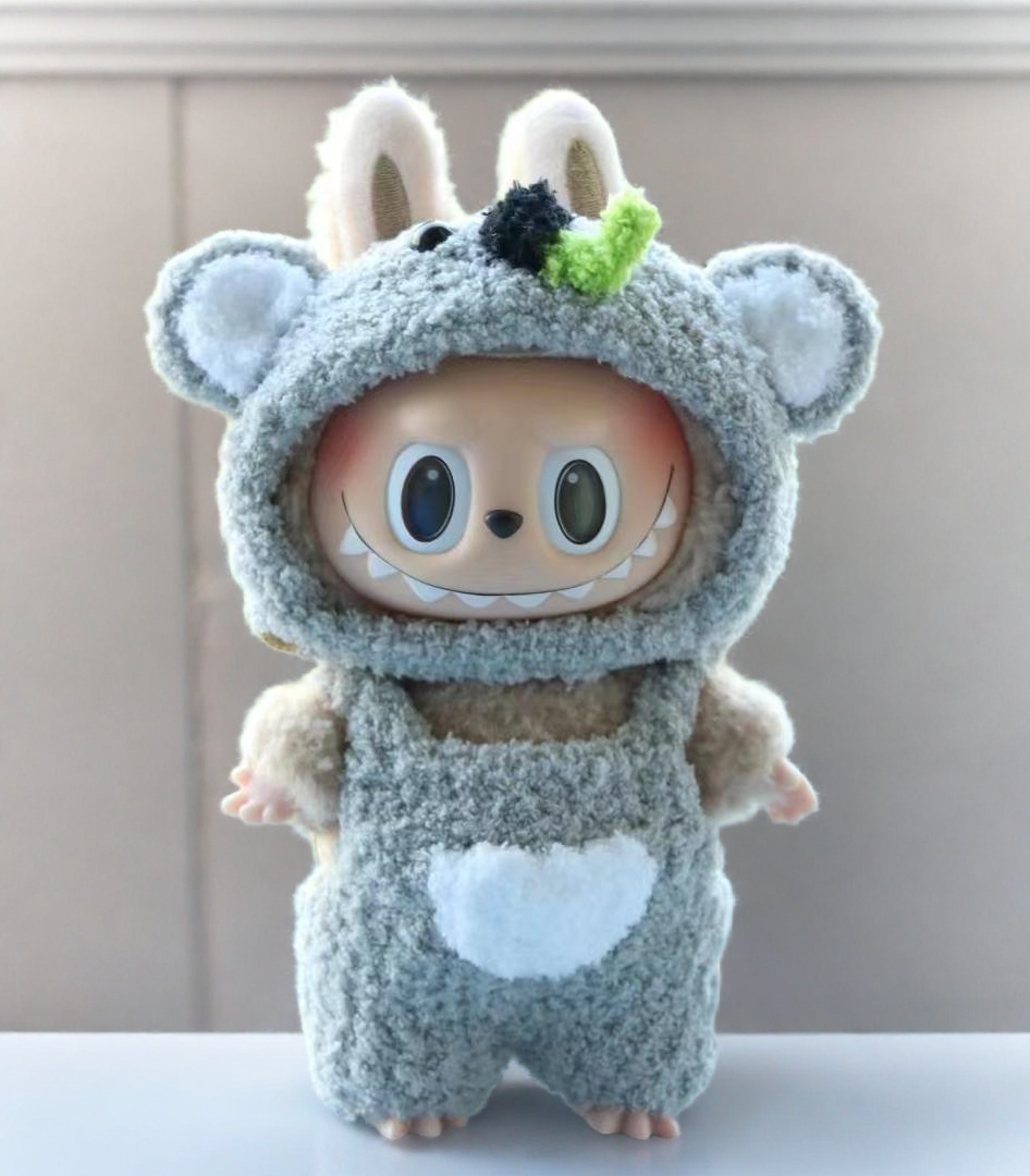Labubu Koala -kostuumset - fuzzy grijze onesie met oren (17 cm)