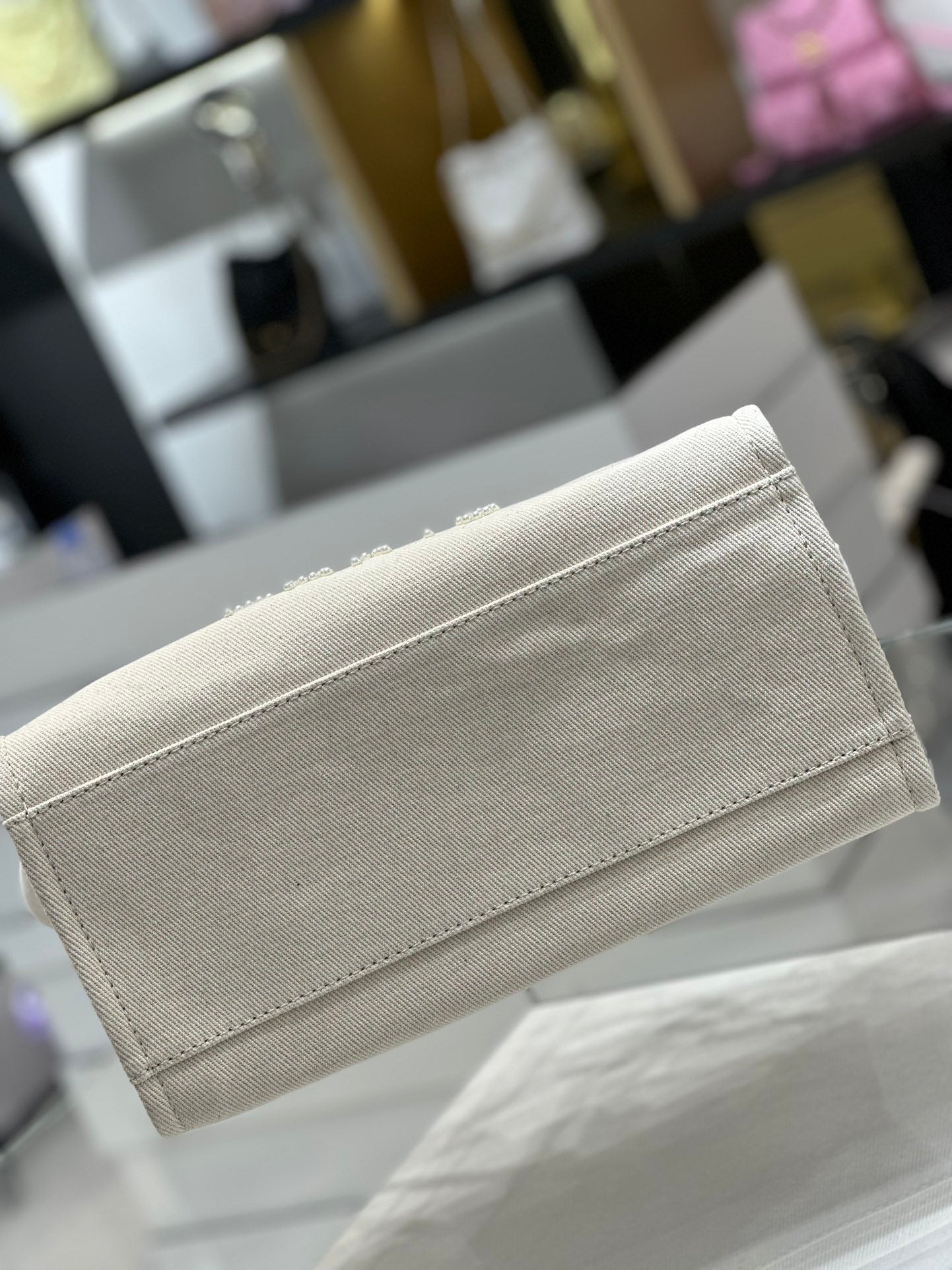 luxury Natural Canvas and Tan Leather Large Pearl Deauville Tote - 30x39x22cm
