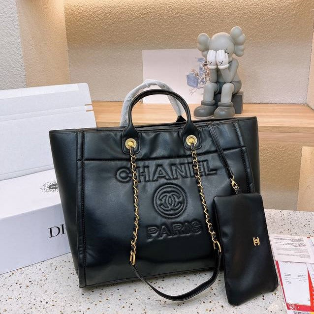 luxury Deauville em Couro Preta Italiana Bag