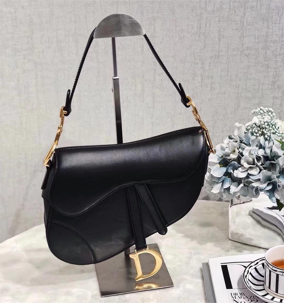 luxury Vintage Ostrich Black Leather Saddle Bag With Gold Ornaments