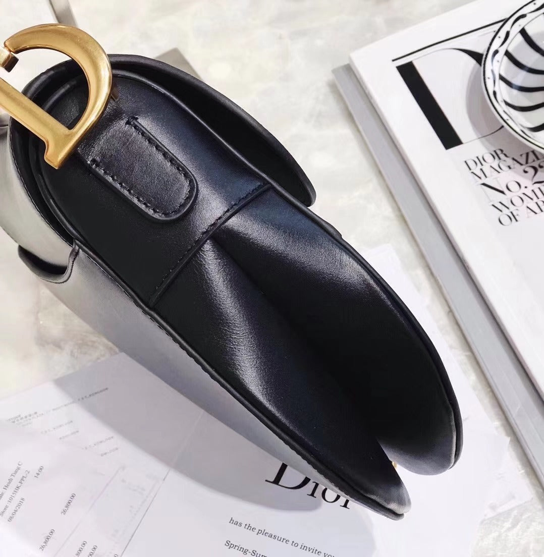 luxury Vintage Ostrich Black Leather Saddle Bag With Gold Ornaments