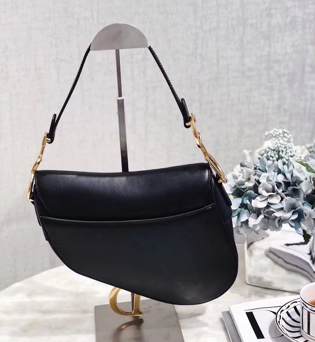 luxury Vintage Ostrich Black Leather Saddle Bag With Gold Ornaments