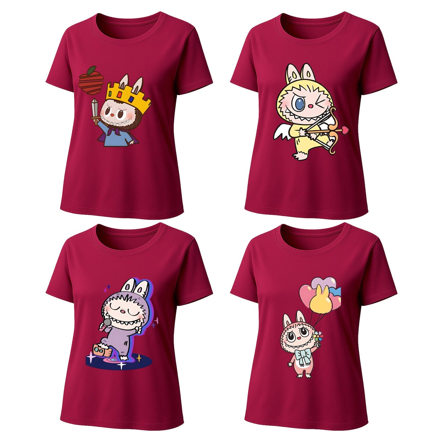 Camisetas gráficas de 4 paquete Labubu Camas de verano de manga corta de manga corta