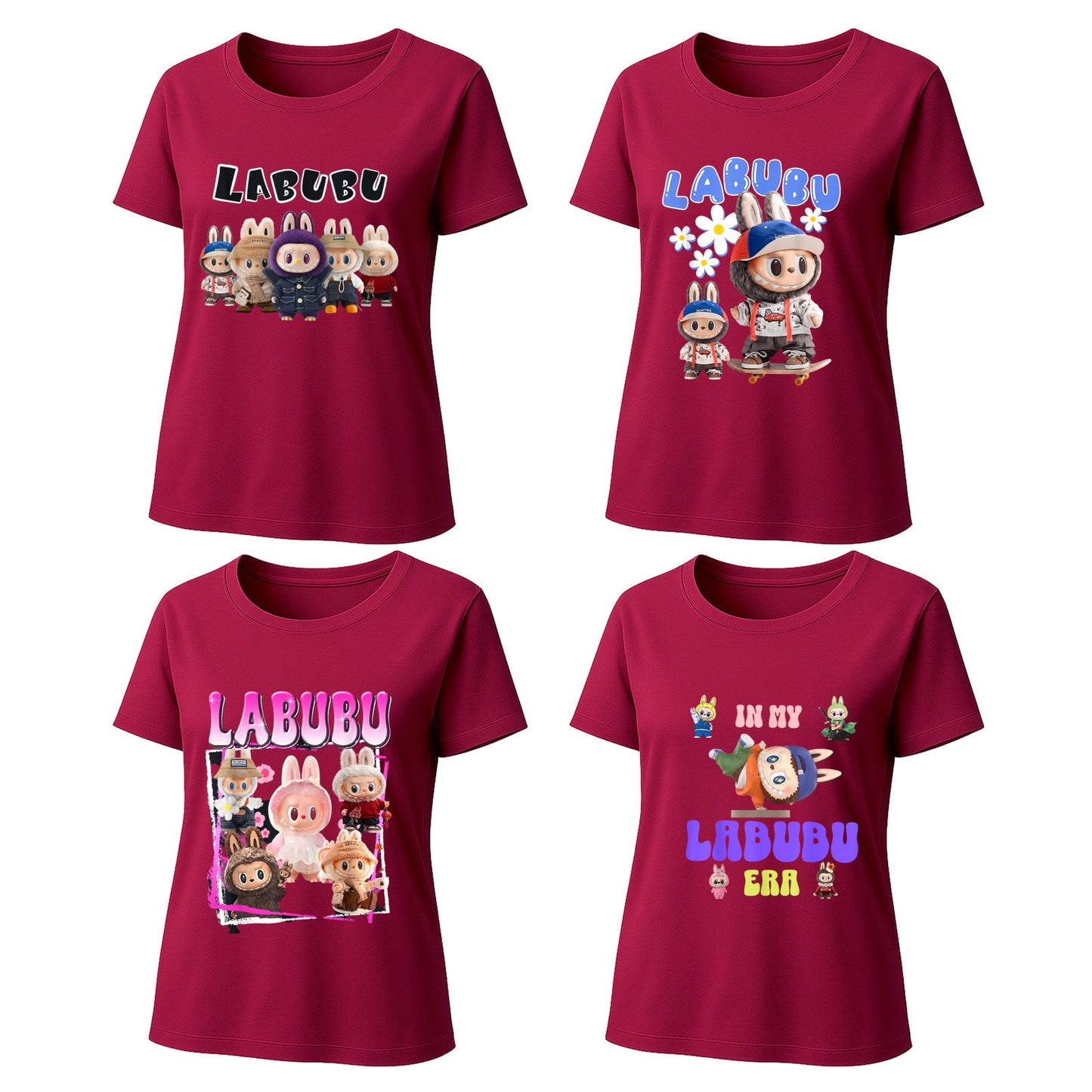 4 Pack 4 Labubu Graphic T-Shirts Loose Fit Short Sleeve Tees For Labubu Lover