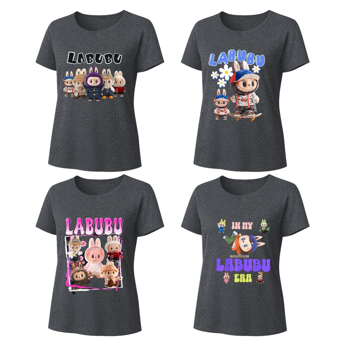 4 Pack 4 Labubu Graphic T-Shirts Loose Fit Short Sleeve Tees For Labubu Lover