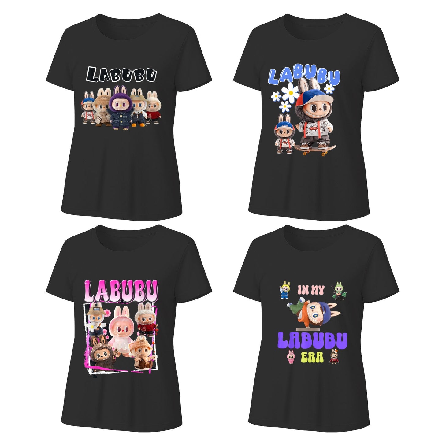 4 Pack 4 Labubu Graphic T-Shirts Loose Fit Short Sleeve Tees For Labubu Lover
