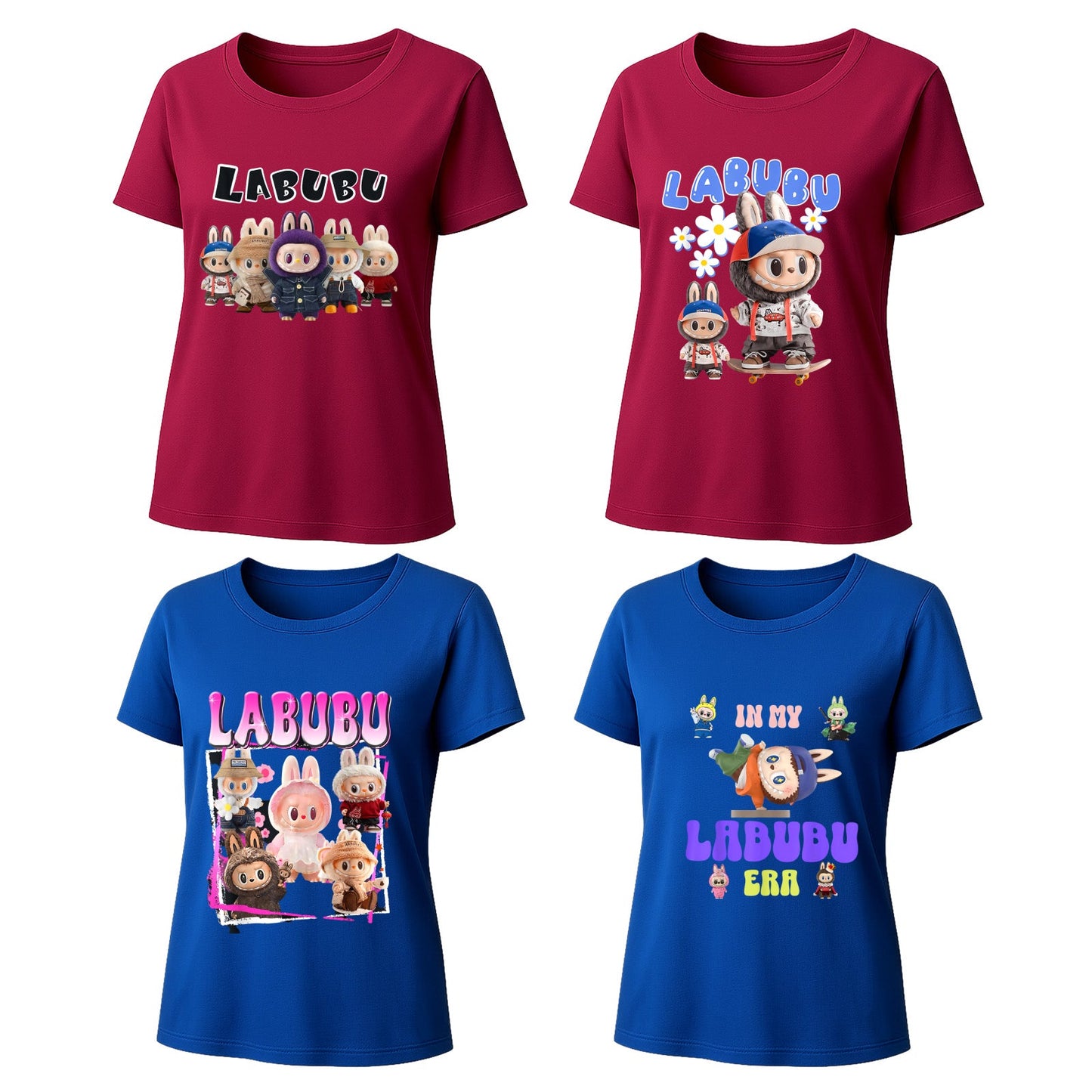 4 Pack 4 Labubu Graphic T-Shirts Loose Fit Short Sleeve Tees For Labubu Lover