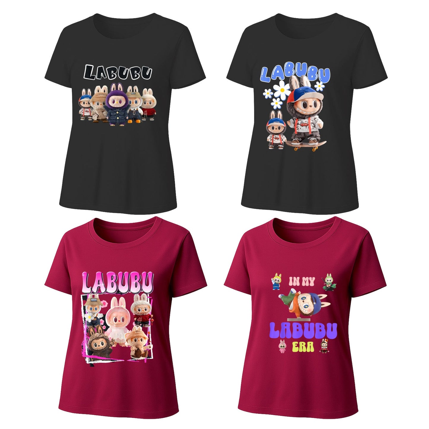 4 Pack 4 Labubu Graphic T-Shirts Loose Fit Short Sleeve Tees For Labubu Lover
