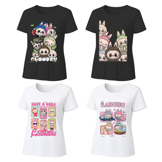 LabubuグラフィックTシャツ4パック、Labubu Lover向けの4つのデザインのゆるいフィットショートスリーブTシャツ