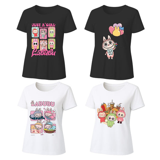 Labubu Tシャツ4パック、半袖クルーネックティー、女性用の夏のグラフィックトップ、ユニセックスS-3XL