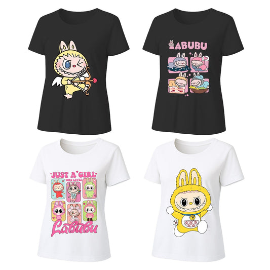 4 Pack Labubu Graphic T-Shirts, Loose Fit Short Sleeve Tees with 4 Designs for Labubu Lover