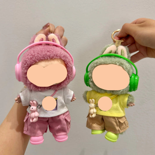 Clothes Labubo headphones + white T-shirt + pink overalls Keychain Labubo Clothing Macaron Clothes for Labubo