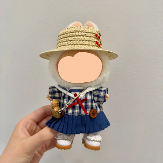Summer Labubo Outfits Plaid Skirt + Straw Hat Accessories Fashion Labubo Outfit Keychain Labubo Clothing