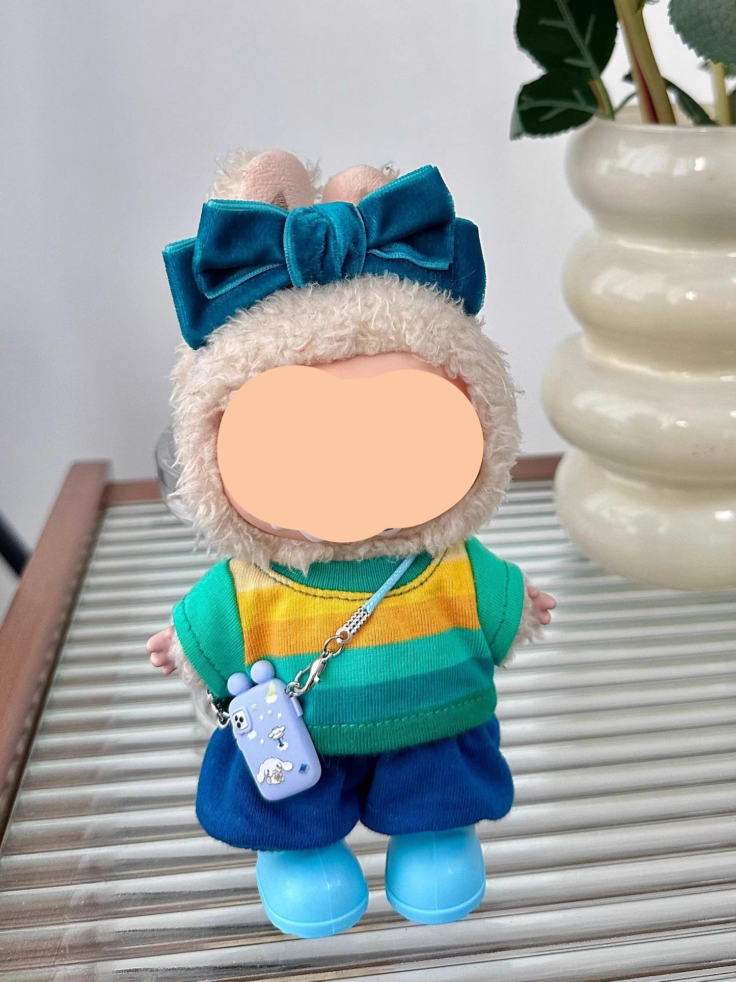 Summer Labubo Outfits Pink Striped Shirt + Accessories Fashion Labubo Outfit Keychain Labubo Clothing