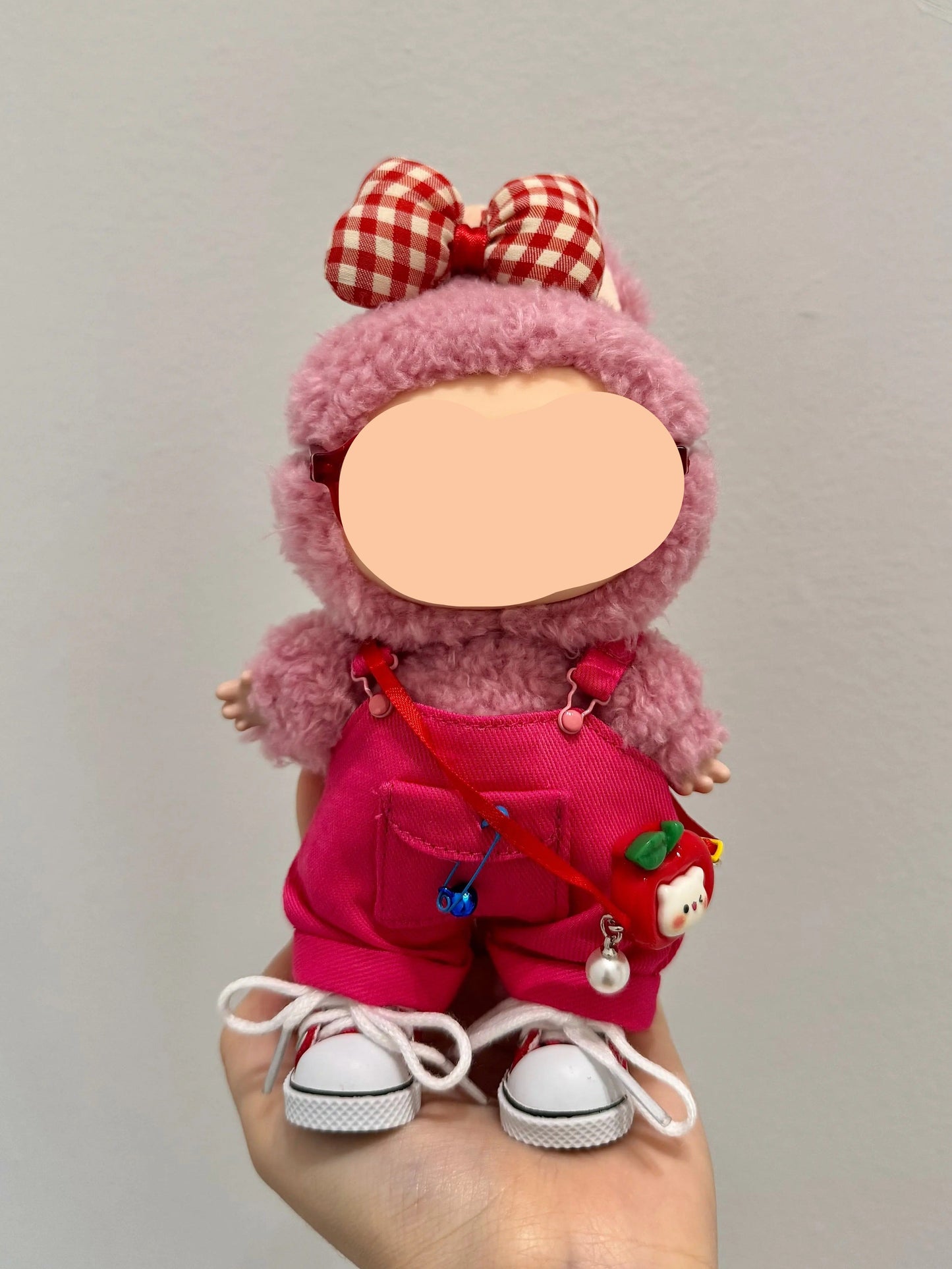 Labubo Outfits Rose Red Overalls + Glasses Fashion Labubo Outfit Keychain Labubo Clothing