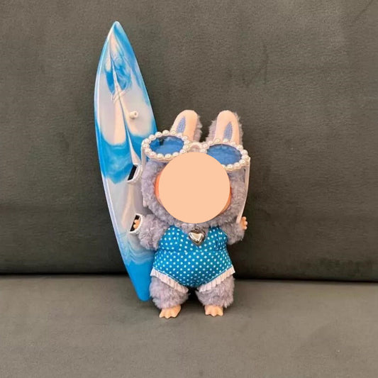 Dopamine Labubo Outfits Blue Plaided Swimsuit + Surfboard Accessories Summer Keychain Labubo Clothing Labubo Outfit