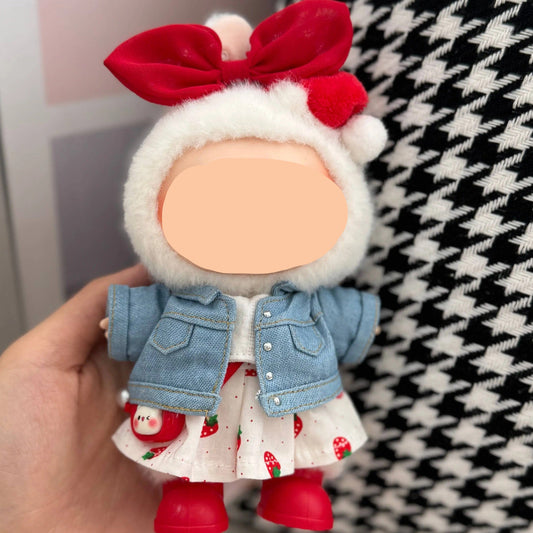 Labubo Clothing Keychain Labubo Clothes Denim jacket + strawberry skirt + hair bow Macaron Clothes for Labubo