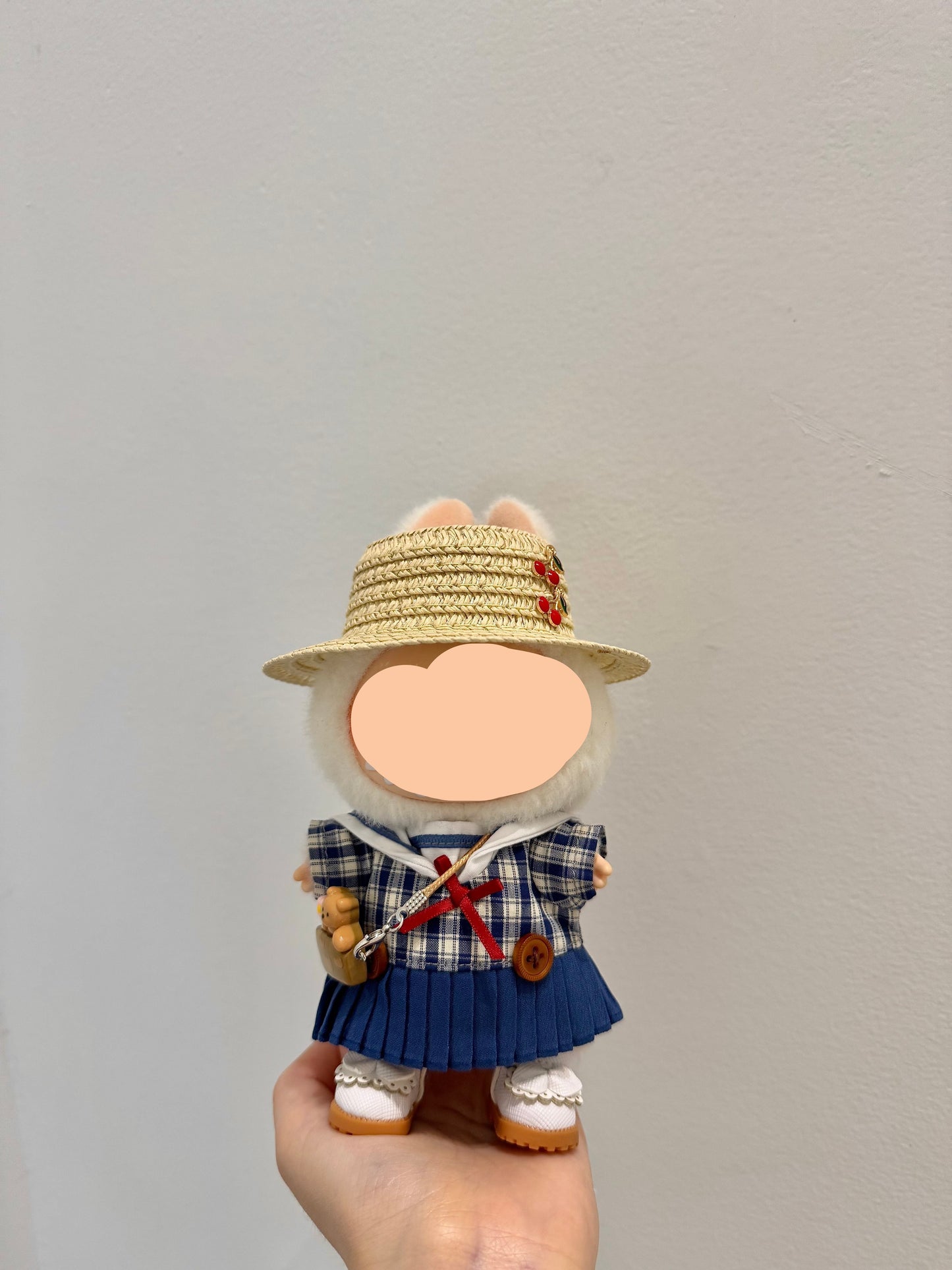Summer Labubo Outfits Plaid Skirt + Straw Hat Accessories Fashion Labubo Outfit Keychain Labubo Clothing