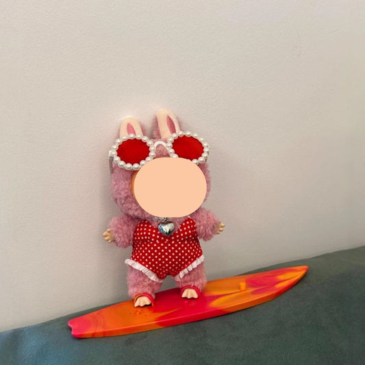 Dopamine Labubo Outfits Red Plaided Swimsuit + Surfboard Accessories Summer Keychain Labubo Clothing Labubo Outfit