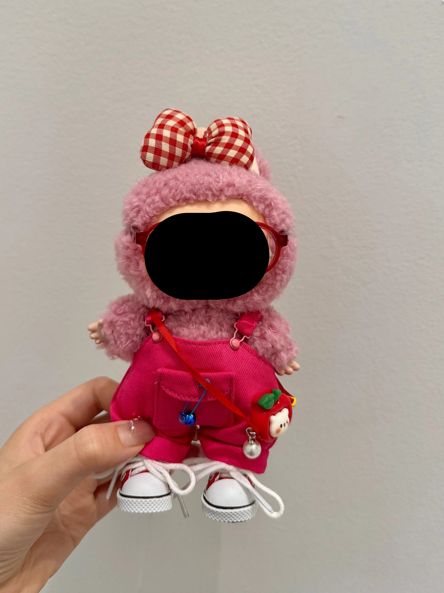 Labubo Outfits Rose Red Overalls + Glasses Fashion Labubo Outfit Keychain Labubo Clothing