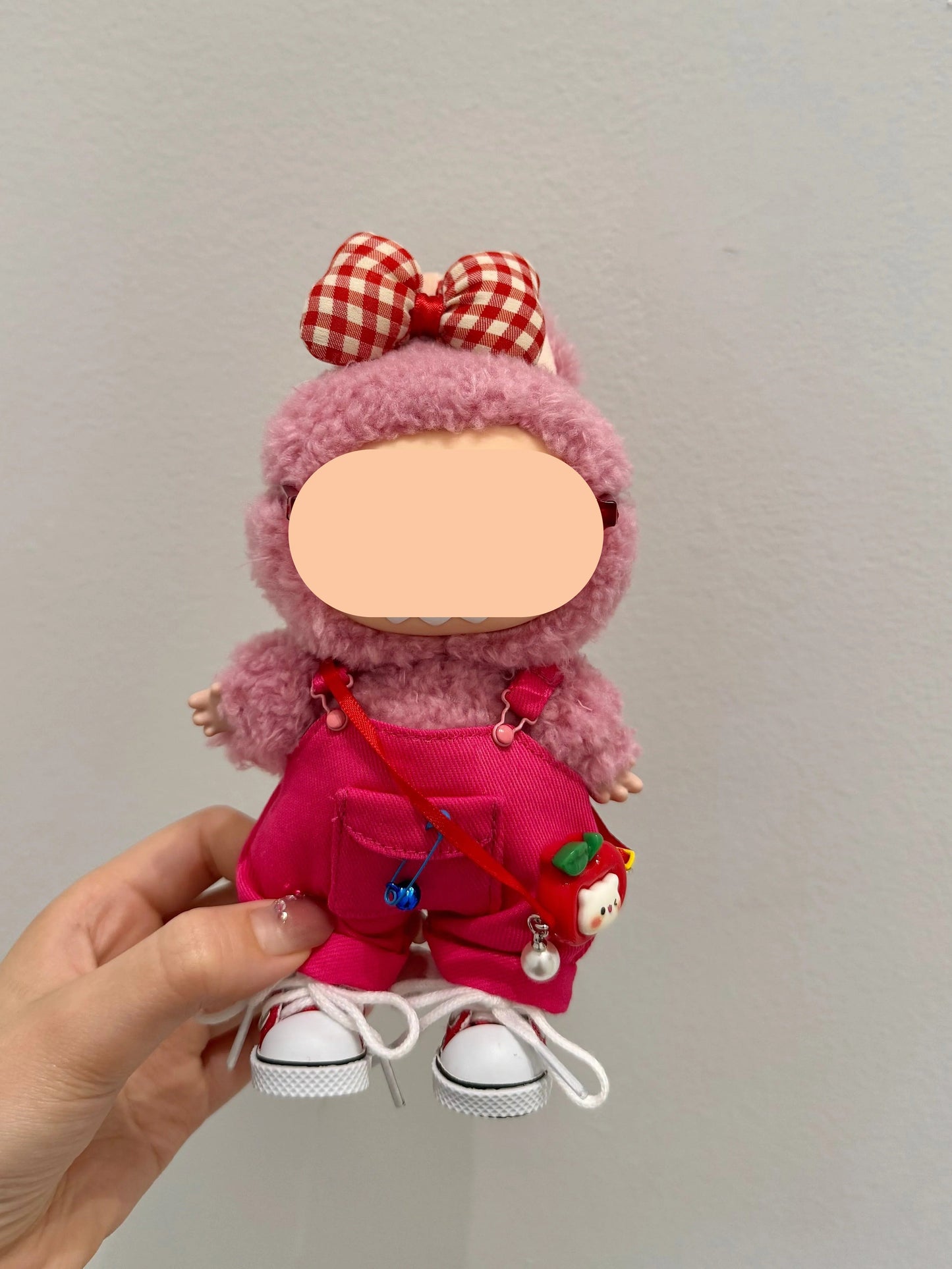 Labubo Outfits Rose Red Overalls + Glasses + Accessories Fashion Labubo Outfit Keychain Labubo Clothing