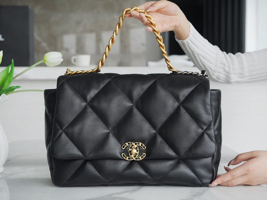 luxury 19BAG AS1162 black gold buckle large bag 25X36X11cm