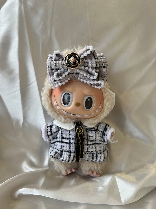 Labubu Designer Tweed Outfit Set - Elegant Black & White with Bow & Brooch (17cm)
