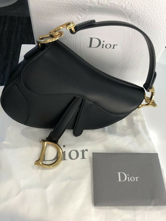 luxury Vintage Ostrich Black Leather Saddle Bag With Gold Ornaments